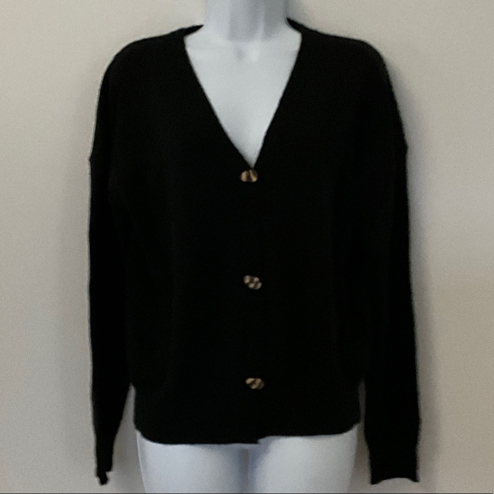 Classic Black Women's Cardigan Sweater With Wood-Look Buttons